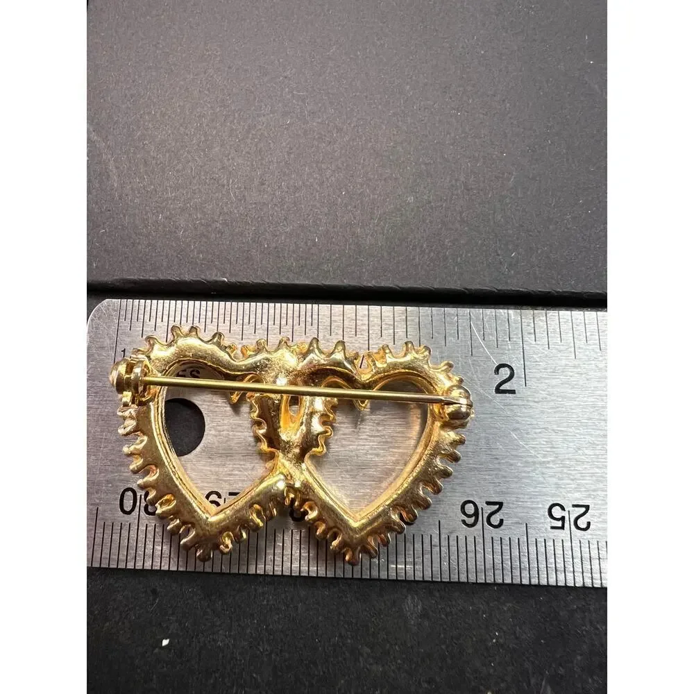 Vintage Gold Tone Double Heart Green Clear Rhinestone Brooch